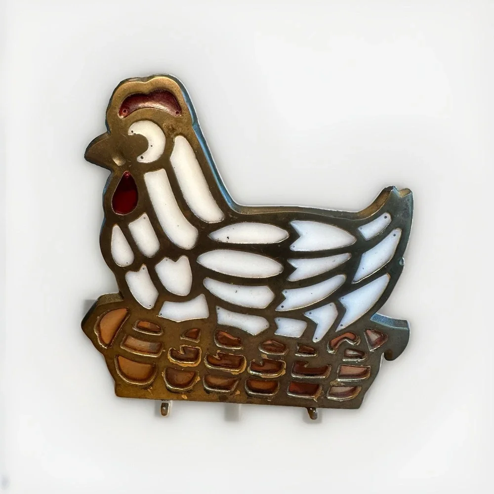 Vintage Chicken Hen Stained Glass Brass Napkin Holder Letter Coaster Holder